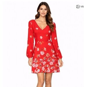 White House Black Market Red Floral Long Sleeve Dress - 0